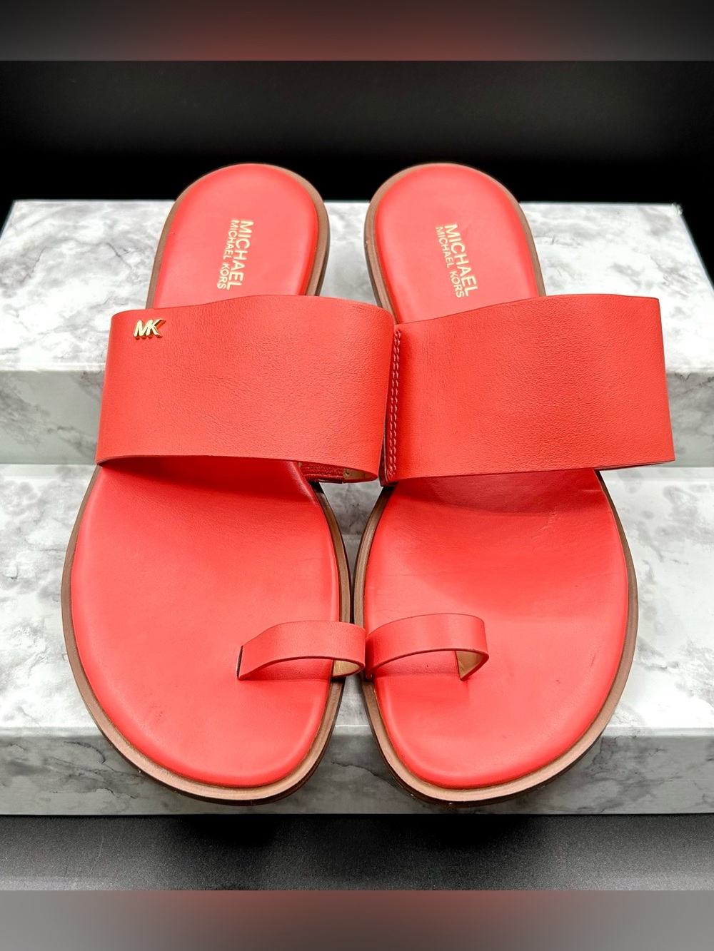 MICHAEL MICHAEL KORS August Flat Sandals Pink Grapefruit Leather. Size 9.5 M - Picture 3 of 8